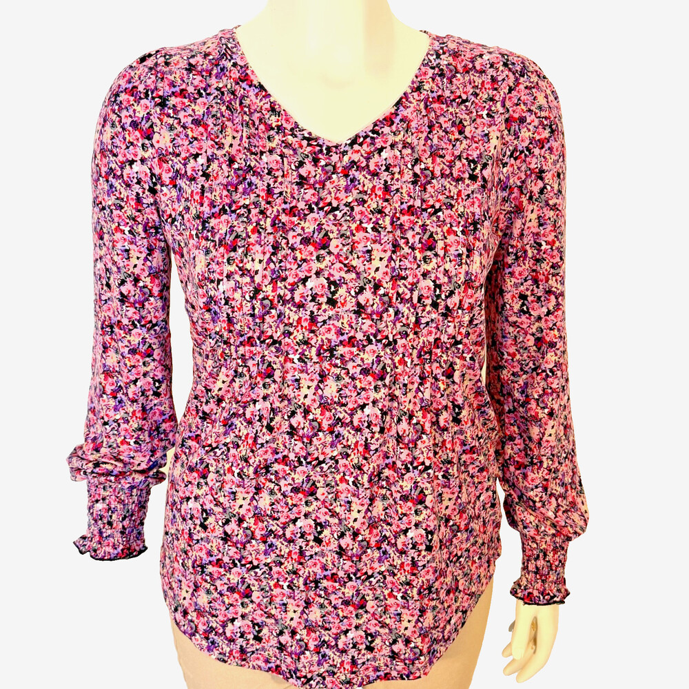 Long Sleeve Blouse Womens M Ditsy Floral V-Neck Long Sleeve Gathered Cuffs